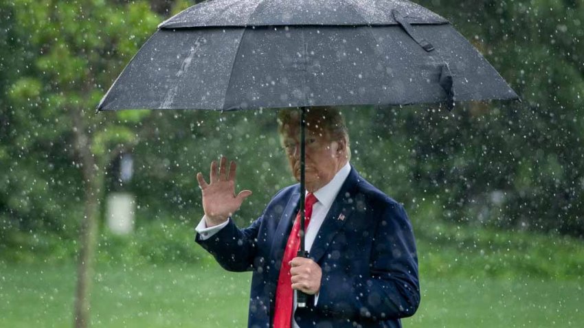 WASHINGTON, DC – JUNE 11: U.S. President Donald Trump walks to Marine One in the rain on the South Lawn of the White House on June 11, 2020 in Washington, DC. Later today, President Trump was scheduled to meet with pastors, law enforcement officials and small business owners at a church in Dallas, Texas.  (Photo by Drew Angerer/Getty Images)