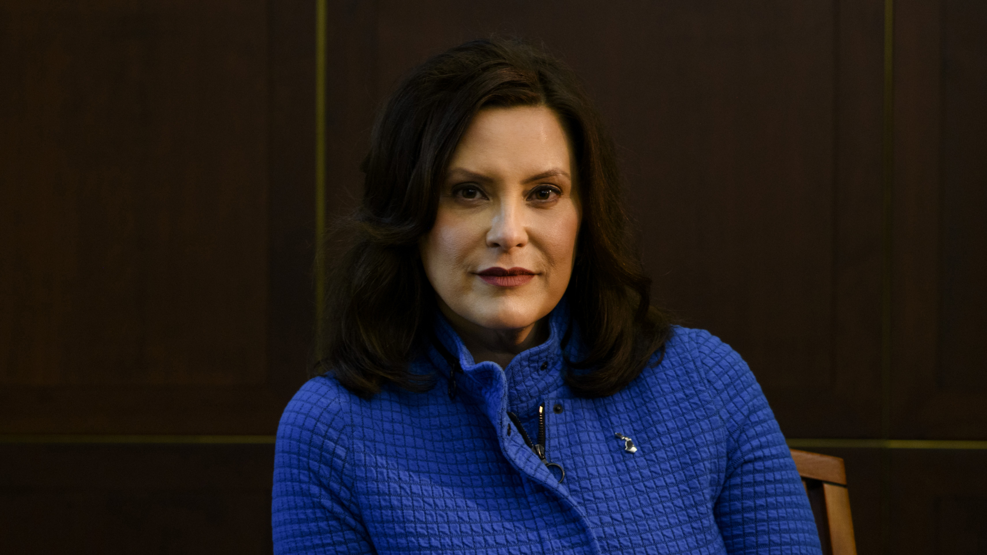 Michigan Governor Gretchen Whitmer at the Romney Building in Lansing, Mich., on May 18, 2020.