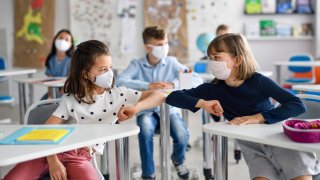Children with face mask back at school