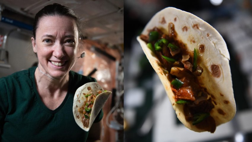 Astronaut Megan McArthur shows off her tacos, stuffed with beef and space peppers, from the International Space Station.