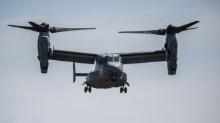 A US Marine Corps MV-22 Osprey tilt-rotor aircraft lands during a joint exercise with Japanese Self Defense Forces members at the Higashifuji training area in Gotemba, Shizuoka Prefecture on March 15, 2022.