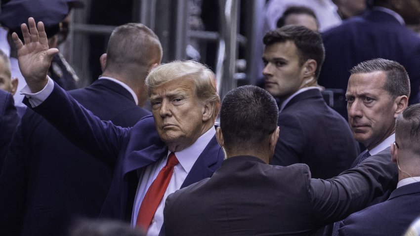 Former US President Donald Trump arrives at criminal court in New York, US, on Tuesday, April 4, 2023. Donald Trump, the first former US president to be indicted, will plead not guilty when he appears in a Manhattan state court Tuesday to face criminal charges, his defense lawyer said. Photographer: Alex Kent/Bloomberg via Getty Images
