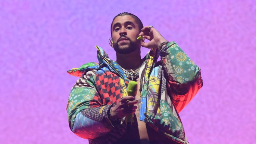 Puerto Rican singer Bad Bunny performs during the first week-end of Coachella Valley Music and Arts Festival in Indio, California, on April 14, 2023. (Photo by VALERIE MACON / AFP) (Photo by VALERIE MACON/AFP via Getty Images)