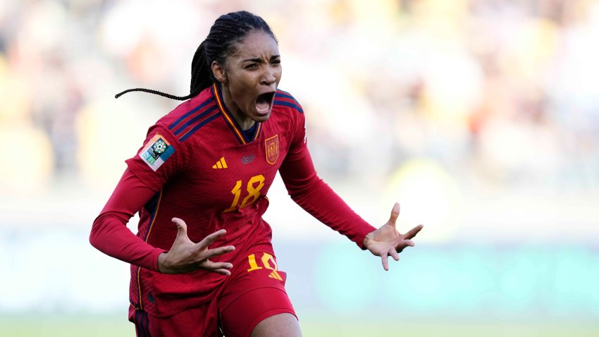 Salma Paralluelo of Spain and Barcelona celebrates after scoring her sides first goal during the FIFA Women’s World Cup Australia & New Zealand 2023 Quarter Final match between Spain and Netherlands at Wellington Regional Stadium on August 11, 2023 in Wellington, New Zealand. (Photo by Jose Breton/Pics Action/NurPhoto via Getty Images)