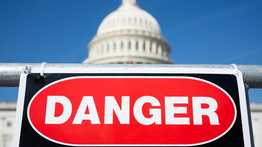 WASHINGTON – SEPTEMBER 20: A “danger” sign is posted at a work site on the East Plaza of the U.S. Capitol on Wednesday, September 20, 2023. (Bill Clark/CQ-Roll Call, Inc via Getty Images)