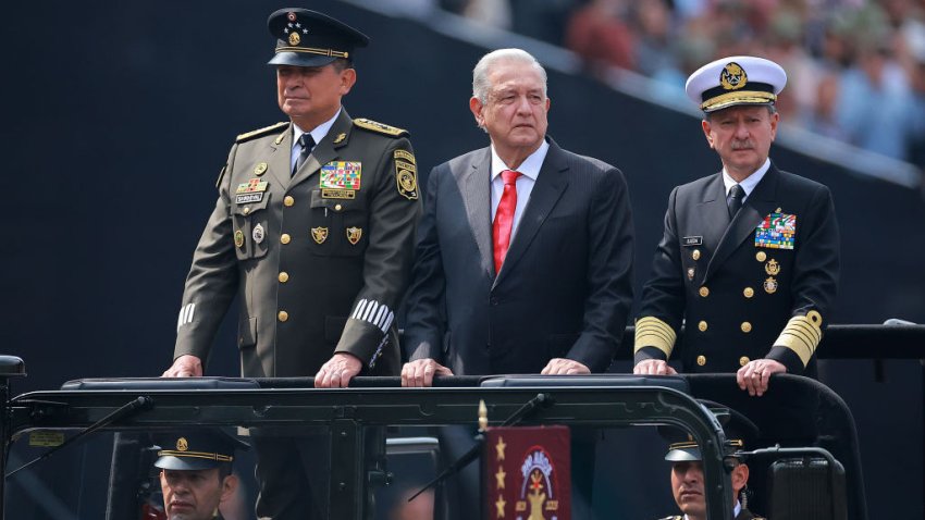 MEXICO CITY, MEXICO – SEPTEMBER 16: (L-R) Secretary of National Defense of Mexico Luis Cresencio Sandoval, President of Mexico Andres Manuel Lopez Obrador and Secretary of the Navy Jose Rafael Ojeda Duran take part in the annual military parade as part of the independence day celebrations at Zocalo on September 16, 2023 in Mexico City, Mexico. (Photo by Hector Vivas/Getty Images)