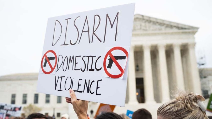 WASHINGTON – NOVEMBER 7: Activists rally outside the U.S. Supreme Court before the start of oral arguments in the United States v. Rahimi second amendement case in Washington on Tuesday, November 7, 2023. (Bill Clark/CQ-Roll Call, Inc via Getty Images)