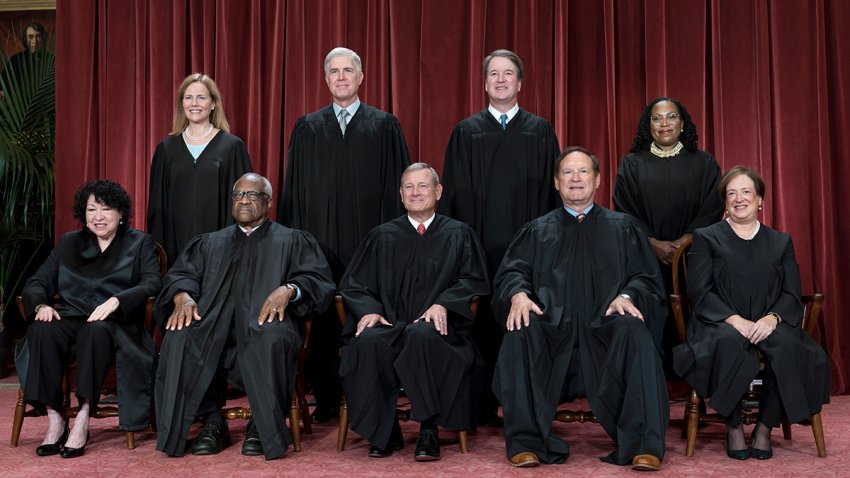 FILE - Members of the Supreme Court sit for a group portrait following the addition of Associate Justice Ketanji Brown Jackson, at the Supreme Court building in Washington, Oct. 7, 2022.