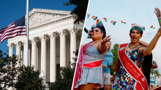 Foto de la Corte Suprema de Estados Unidos y una foto de drag queens en un desfile.