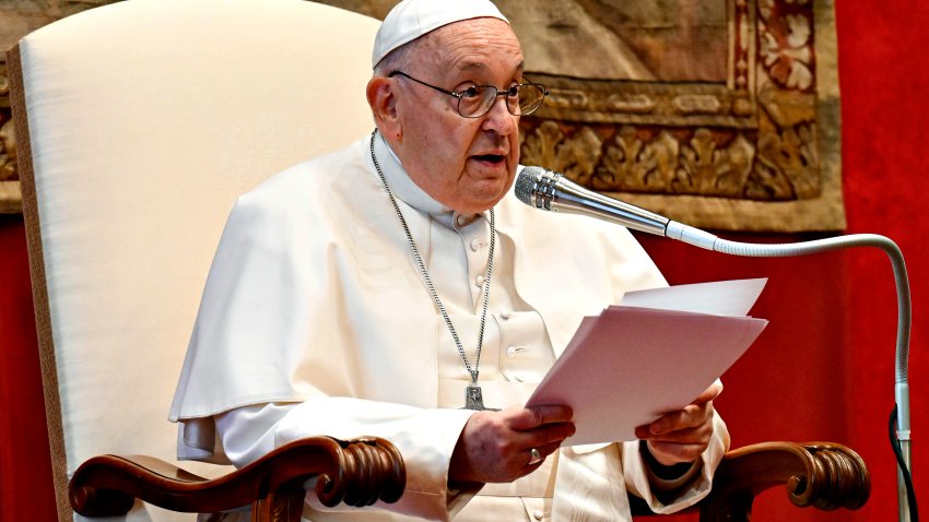 Pope Francis holds his speech during “State of the World” address to members of the Diplomatic Corps accredited to the Holy See.