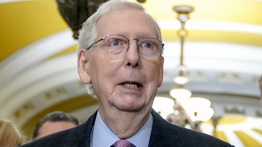 Senate Minority Leader Mitch McConnell, R-Ky., talks after a policy luncheon on Capitol Hill Tuesday, Feb. 27, 2024, in Washington.