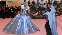 TOPSHOT - Zendaya and Law Roach arrive for the 2019 Met Gala at the Metropolitan Museum of Art on May 6, 2019, in New York. The Gala raises money for the Metropolitan Museum of Art's Costume Institute. The Gala's 2019 theme is "Camp: Notes on Fashion" inspired by Susan Sontag's 1964 essay "Notes on Camp". (Photo by ANGELA WEISS / AFP) (Photo by ANGELA WEISS/AFP via Getty Images)