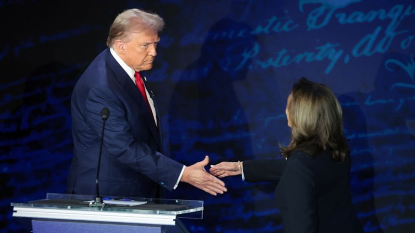 PHILADELPHIA, PENNSYLVANIA – SEPTEMBER 10: Republican presidential nominee, former U.S. President Donald Trump and Democratic presidential nominee, U.S. Vice President Kamala Harris greet as they debate for the first time during the presidential election campaign at The National Constitution Center on September 10, 2024 in Philadelphia, Pennsylvania. After earning the Democratic Party nomination following President Joe Biden’s decision to leave the race, Harris faced off with Trump in what may be the only debate of the 2024 race for the White House. (Photo by Win McNamee/Getty Images)