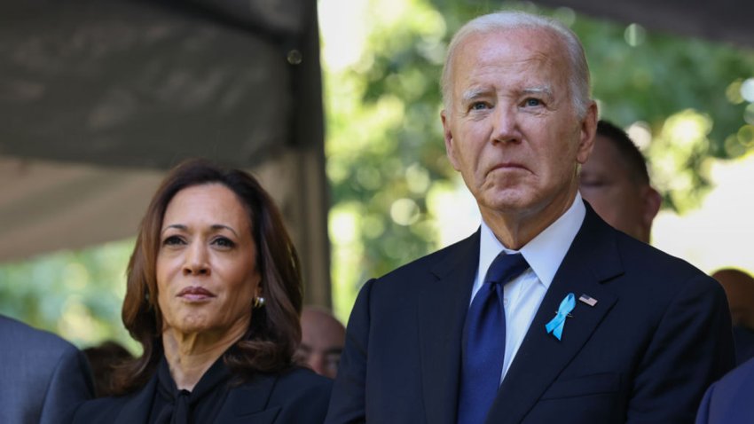 NEW YORK, NEW YORK – SEPTEMBER 11: Democratic presidential nominee, U.S. Vice President Kamala Harris, and U.S. President Joe Biden, join family and friends at Ground Zero honoring the lives of those lost on the 23rd anniversary of the terror attacks of September 11, 2001, at the World Trade Center on September 11, 2024 in New York City. Biden and Harris will also attend ceremonies at the Flight 93 National Memorial in Shanksville, Pa, and the Pentagon in Arlington, Va., making visits to all three sites of the terror attacks that killed nearly 3,000 people.  (Photo by Michael M. Santiago/Getty Images)