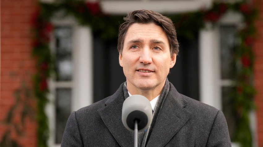 Canada Prime Minister Justin Trudeau makes an announcement outside Rideau Cottage in Ottawa on Monday, Jan. 6, 2025.