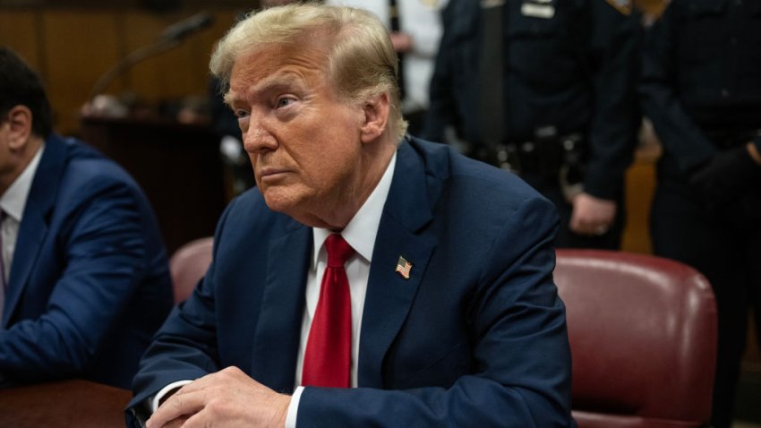 Former president Donald Trump sits in court before another day of testimony in his trial at Manhattan Criminal Court for falsifying documents related to hush money payments, in New York, NY, on Monday, April 22, 2024.  Testimony by Michale Cohen, Trump’s former fixer and attorney, continued today in the trial of the former President for falsification of business records, to cover up payments to Stormy Daniels, an adult film star who allegedly had an encounter with the President before he was in office. Photographer: Victor J. Blue for The Washington Post via Getty Images/ Pool