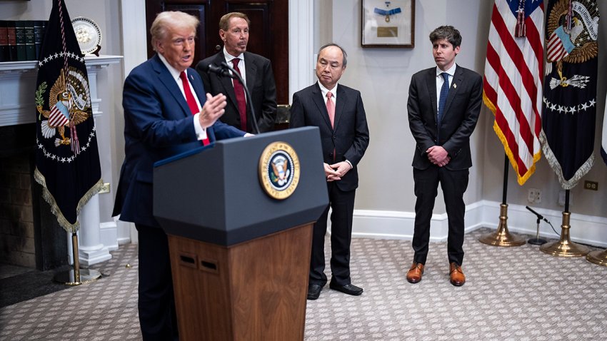 Washington, DC – January 21 : President Donald J Trump speaks about infrastructure and artificial intelligence to reporters with  Larry Ellison, chairman of Oracle Corporation and chief technology officer, Masayoshi Son, SoftBank Group CEO, and Sam Altman, OpenAI CEO in the Roosevelt Room at the White House on Tuesday, Jan 21, 2025 in Washington, DC. (Photo by Jabin Botsford/The Washington Post via Getty Images)