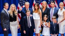 NEW YORK, NY - JUNE 16: (L-R) Eric Trump, Lara Yunaska Trump, Donald Trump, Barron Trump, Melania Trump, Vanessa Haydon Trump, Kai Madison Trump, Donald Trump Jr., Donald John Trump III, and Ivanka Trump pose for photos on stage after Donald Trump announced his candidacy for the U.S. presidency at Trump Tower on June 16, 2015 in New York City. Trump is the 12th Republican who has announced running for the White House. (Photo by Christopher Gregory/Getty Images)