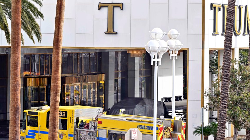 LAS VEGAS, NV – January 01: A Cybertruck covered with a tarp is seen parked in the valet area at the Trump International Hotel on January 1, 2025, in Las Vegas, Nevada. (Photo by David Becker for the Washington Post)