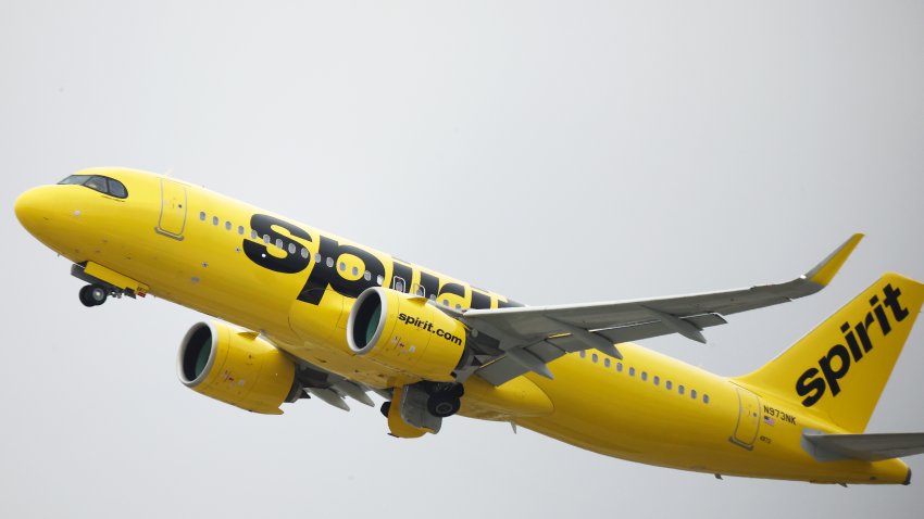 LOS ANGELES, CALIFORNIA – JUNE 01: A Spirit Airlines plane takes off at Los Angeles International Airport (LAX) on June 1, 2023 in Los Angeles, California. Over 40 percent of Spirit Airlines flights around the country were delayed today following a technical issue with its app, website and airport kiosks. (Photo by Mario Tama/Getty Images)