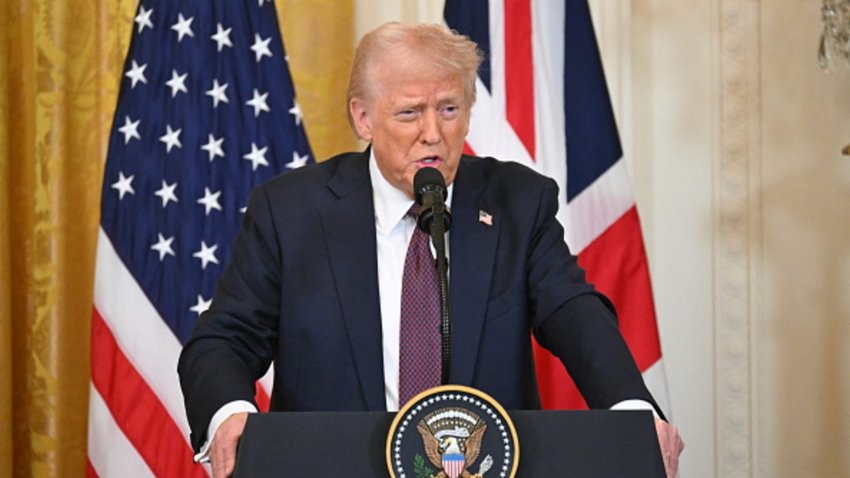 US President Donald Trump speaks during a press conference with British Prime Minister Keir Starmer in the East Room of the White House in Washington, DC, on February 27, 2025.