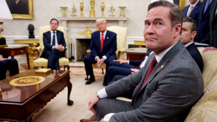WASHINGTON, DC – MARCH 13: U.S. President Donald Trump, accompanied by U.S. National Security Adviser Michael Waltz (R), takes a question from a reporter during a meeting with NATO Secretary General Mark Rutte (L) in the Oval Office of the White House on March 13, 2025 in Washington, DC. The two leaders met as the Trump administration has once again put the military alliance between the United States and Western Europe in question. (Photo by Andrew Harnik/Getty Images)
