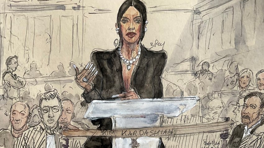 This court sketch made on May 13, 2025 in Paris shows US celebrity Kim Kardashian testifying before the Assize Court for the trial over the 2016 robbery that saw her relieved of millions of dollars’ worth of jewellery at gunpoint. The trial of this sensational nine million euro jewellery robbery opened in Paris on April 28, 2025. (Photo by Benoit PEYRUCQ / AFP) (Photo by BENOIT PEYRUCQ/AFP via Getty Images)