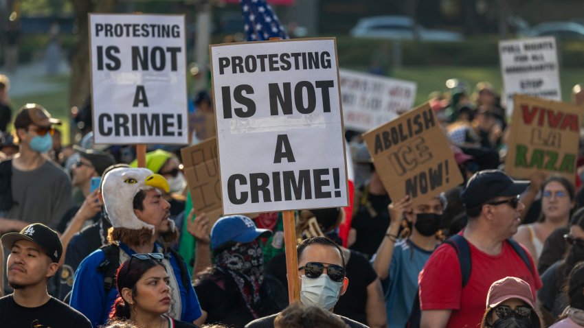 LOS ANGELES, CALIFORNIA – JUNE 11: Protesters continue to march and chant in an approximately one-square mile area of downtown Los Angeles in response to a series of immigration raids, on June 11, 2025 in Los Angeles, California. Protests escalated after President Donald Trump authorized military forces to protect federal property against the wishes of city and state officials who say that the Los Angeles police have the expertise and decades of experience to handle large protest crowds. National Guard troops have so far played no role in quelling violence in the streets, according to Mayor Bass, but are stationed to guard federal buildings.  (Photo by David McNew/Getty Images)