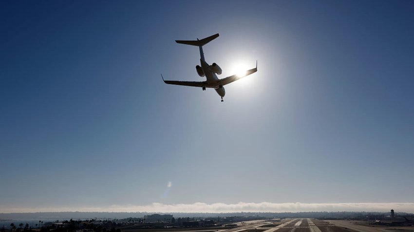 A FlexJet Gulfstream G450 airplane approaches San Diego International Airport for a landing on May 9, 2025 in San Diego, California.