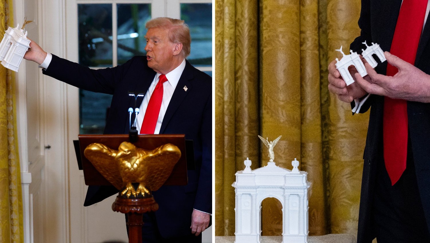 Imagen del artículo de Telemundo PR: Trump dice que el Arco Triunfal se covertirá en un "complejo militar" para drones y municiones