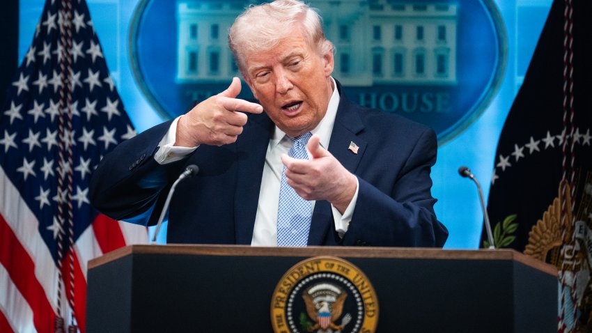 UNITED STATES – APRIL 6: President Donald Trump mimics firing a gun during a news conference in the White House briefing room about the war in Iran on Monday, April 6, 2026. (Tom Williams/CQ-Roll Call, Inc via Getty Images)