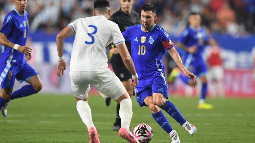 LANDOVER, MD – JUNE 14: Lionel Messi #10 of the Argentina National Team battles for the ball with Nicolas Samayoa #3 of the Guatemala National Team during a game between Guatemala and Argentina at FedexField on June 14, 2024 in Landover, Maryland. (Photo by Jose L Argueta/ISI Photos/Getty Images)