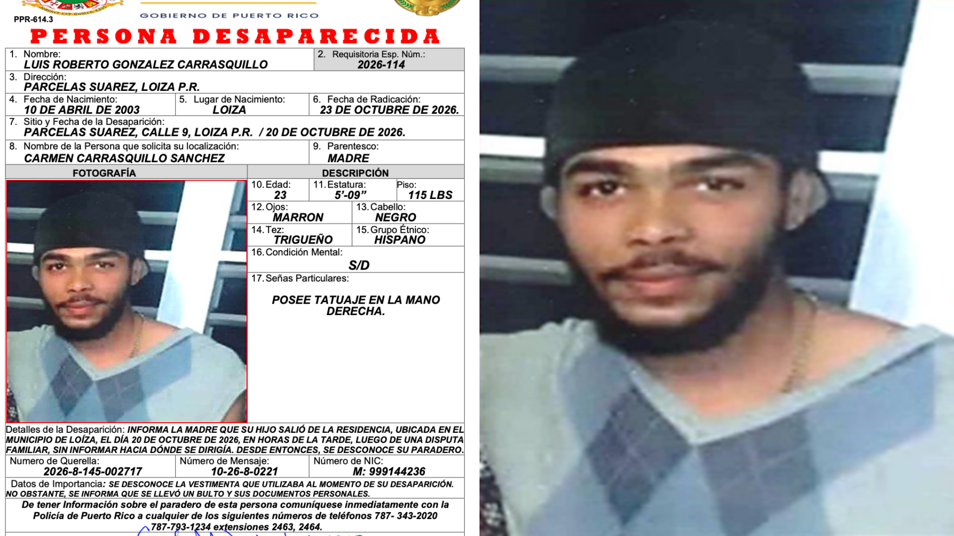 Imagen del artículo de Telemundo PR: Reportan desaparecido a joven de Loíza